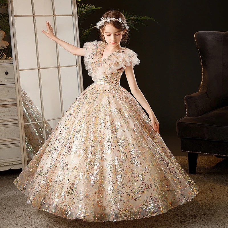 Elegant Princess V-neck Glitter Ball Gown Dress For Girls Oem