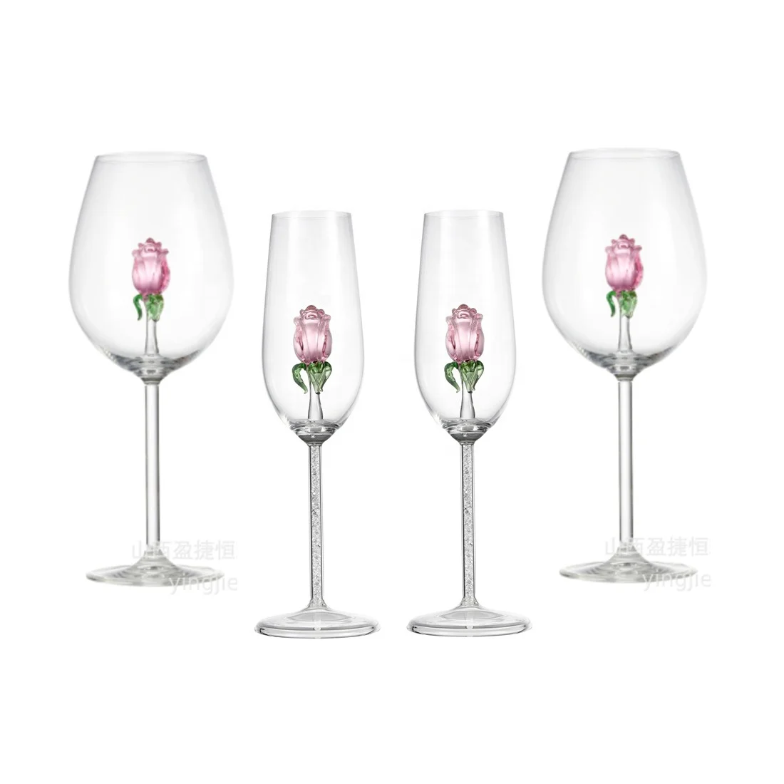 Handmade Transparent 3D Rose Inside Red Crystal Glasses