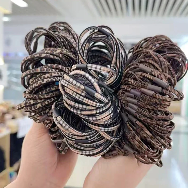 6mm Wide Flat Leopard Prints Khaki Hair Scrunchies Plaid Elastic Hair Bands Top Elasticity Ponytail Holder Hair Ties for Girl