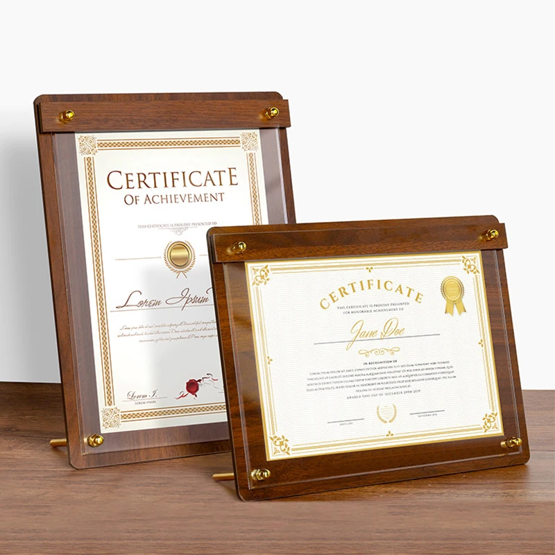 Marco personalizado portátil para escritorio de madera de nogal, con marcos de premios de acrílico transparente y soporte metálico para letreros de menú