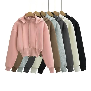 Wholesale Cotton Fleece Zipper Fashion Streetwear Custom Women's Hoodies & Sweatshirts Cropped hoodies