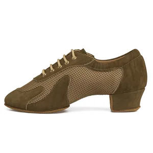 Women's Cowhide Mesh Modern Dance Shoes Soft Soles Breathable Square Ballroom Dancing Shoes Indoor Stage Performance Shoes