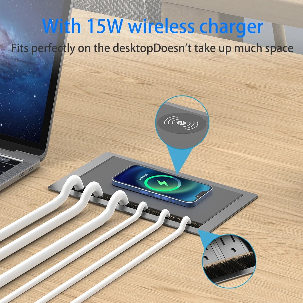 US Built in Conference Table Flip up Cover Brush Type Cable Management Socket Box With Inserted Fast Wireless Charger USB-C