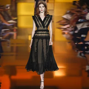 Elegant Ruffled Summer Dress V-Neck Lace Splicing Black Women Club Party Mid-Long Dress