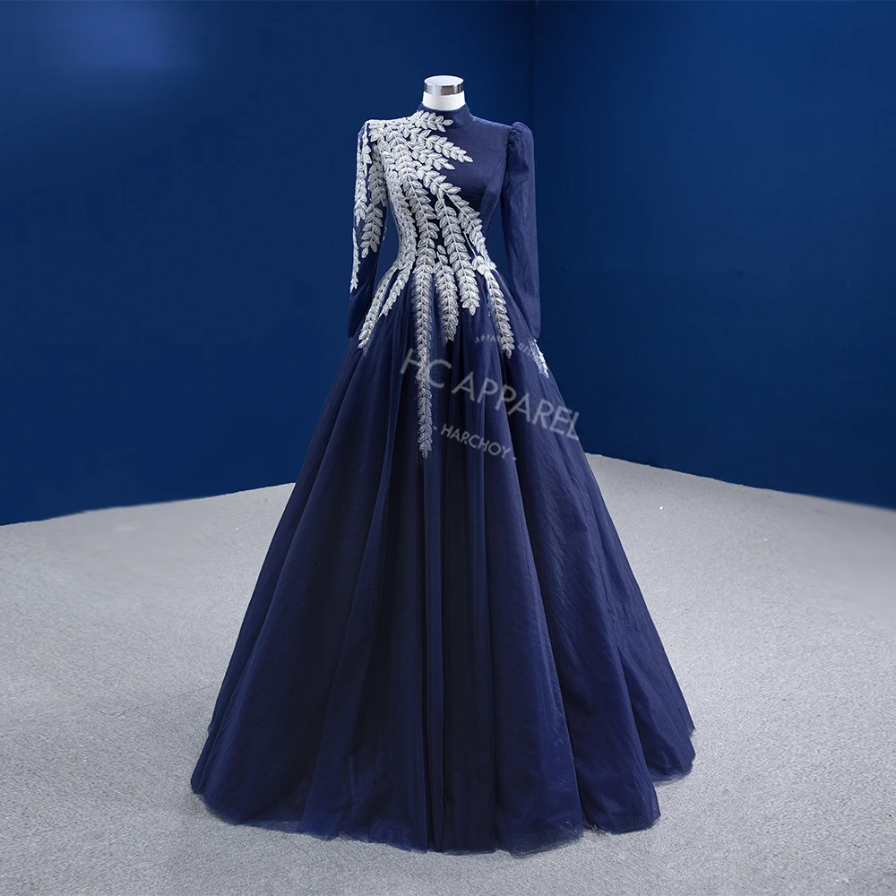 Muslim Women's Long Sleeve Dark Blue Wedding Dress Elegant Leaf Embroidered  Simple Elegant Polyester Gown