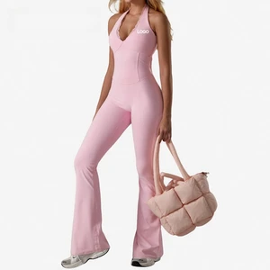 Women's V-Neck Lace Yoga Bodysuit - Backless Tight Quick-Dry Flared Pants Gym Jumpsuit | Custom Logo Supported