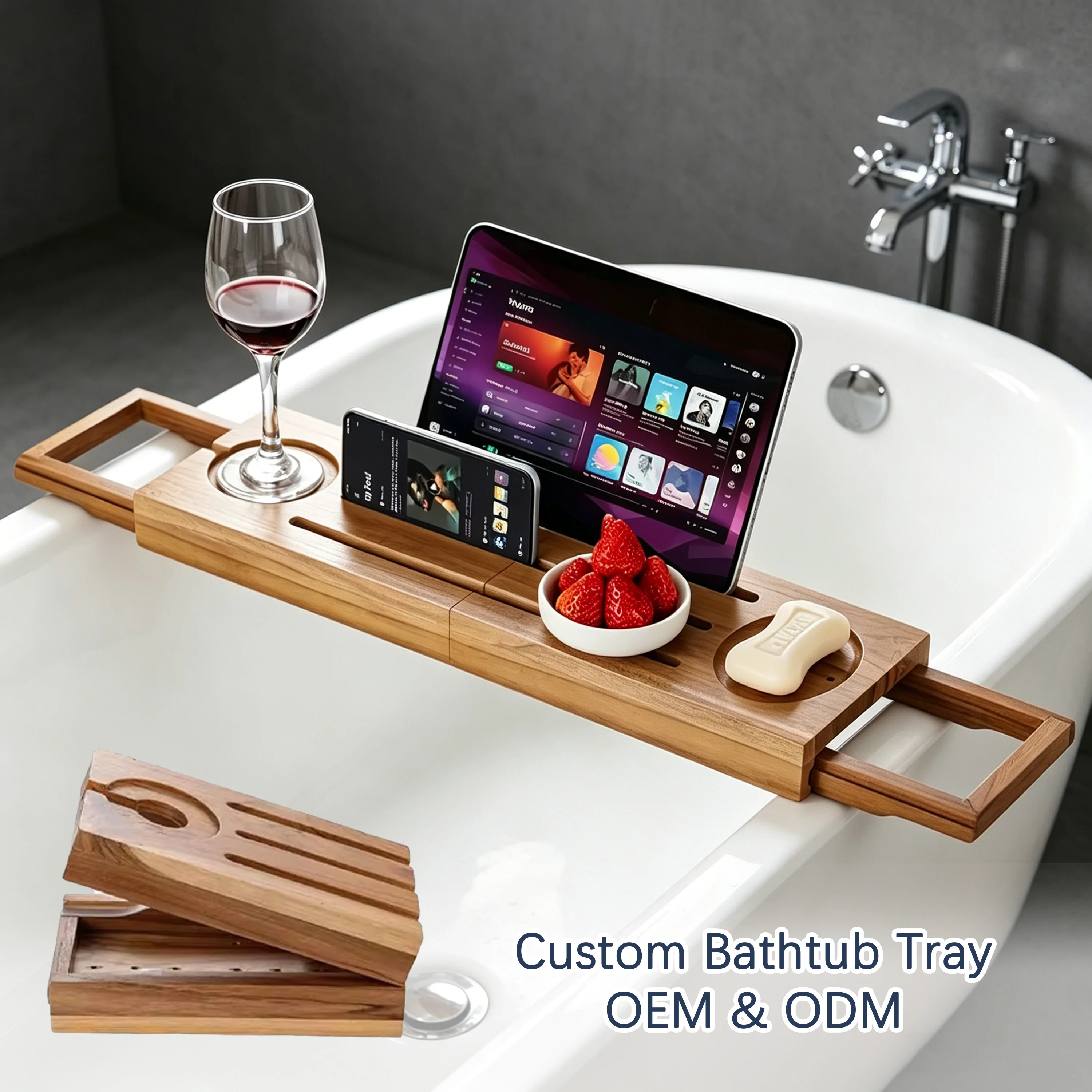 Expandable Teak Bathtub Caddy Tray With Wine Glass Holder Tablet & Phone Stand Soap Dish Foldable Bathroom Organizer