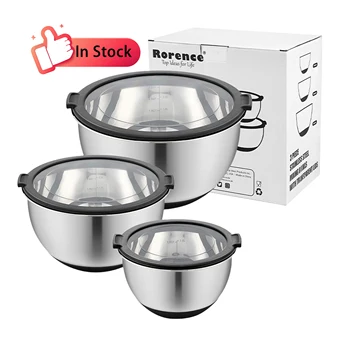 In Stock Wholesale Rorence Kitchen Salad Mixing Bowls Set of 3 Metal Stainless Steel Mixing Bowl With Lid