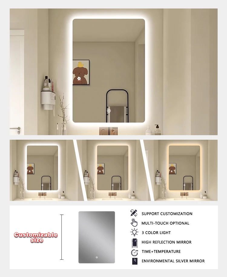 product modern rectangular illuminated led bathroom mirror touch sensor smart led backlit bath mirror with led light strip-4
