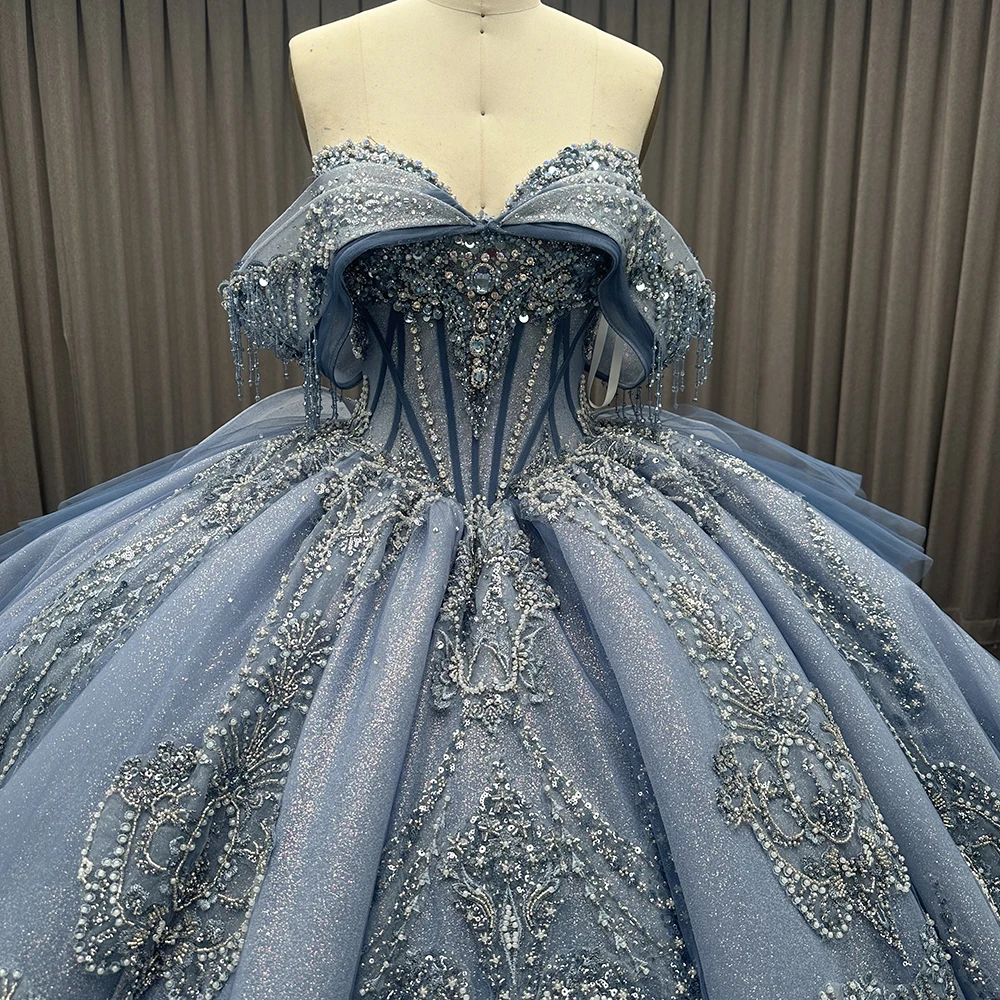 Wholesale luxury rhinestone tassel puffy women's quinceanera dresses with long train,5 Pieces