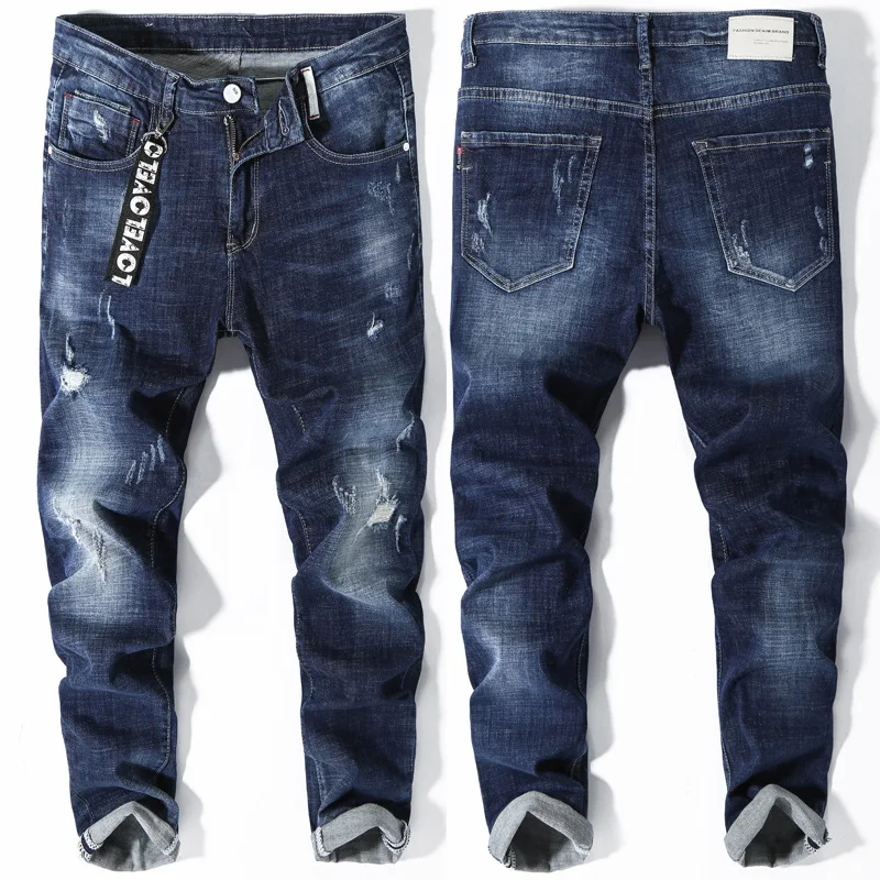 Cotton Jeans Men Slim Fit Ripped Denim 