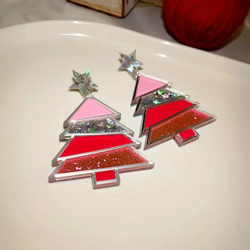 Geometric Acrylic Christmas Tree Drop Earrings Statement Women Gradient Pink Purple Blue Sequin Dangle Earring Wedding Jewelry