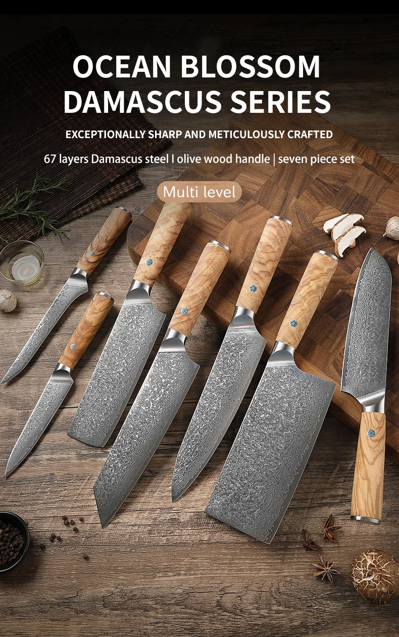 JJ 7 PCs Set 67 Layers Damascus 10Cr15Mov Core Steel Kitchen Knife Set with Olive Wood Handle Custom Stainless Steel Knife Set