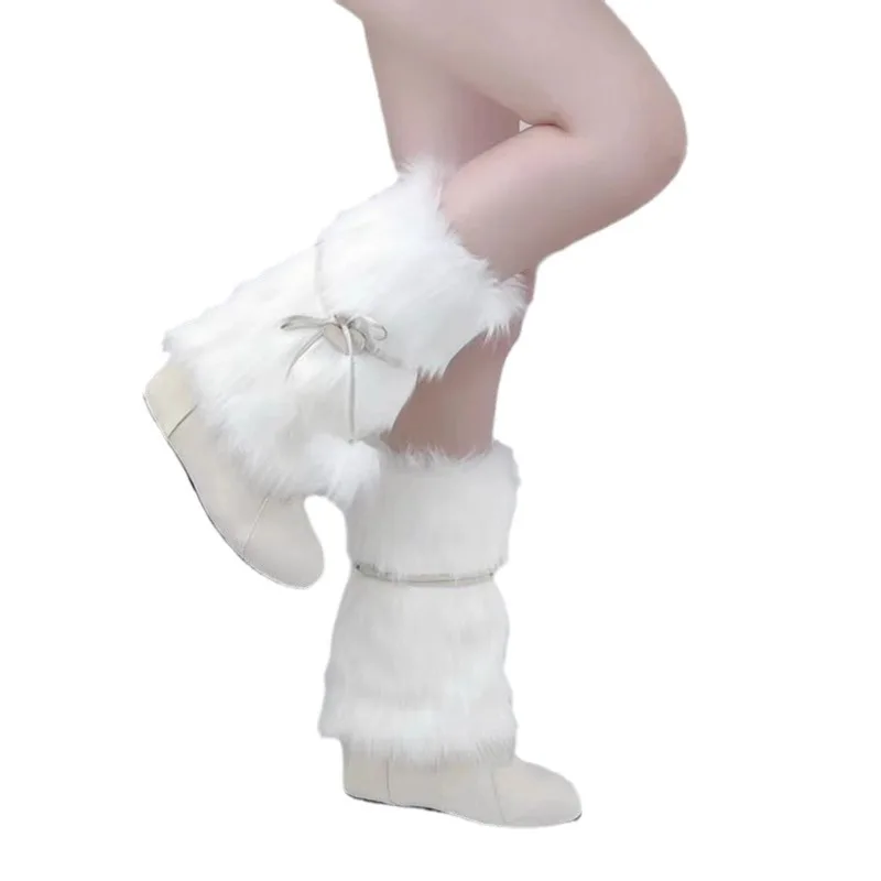 Winter Winter Faux Fur Warm Fashion Fluffy Cozy White Snow Boots Round Toe Flat Heel Women Shoes Knee-high Boots - Image 1