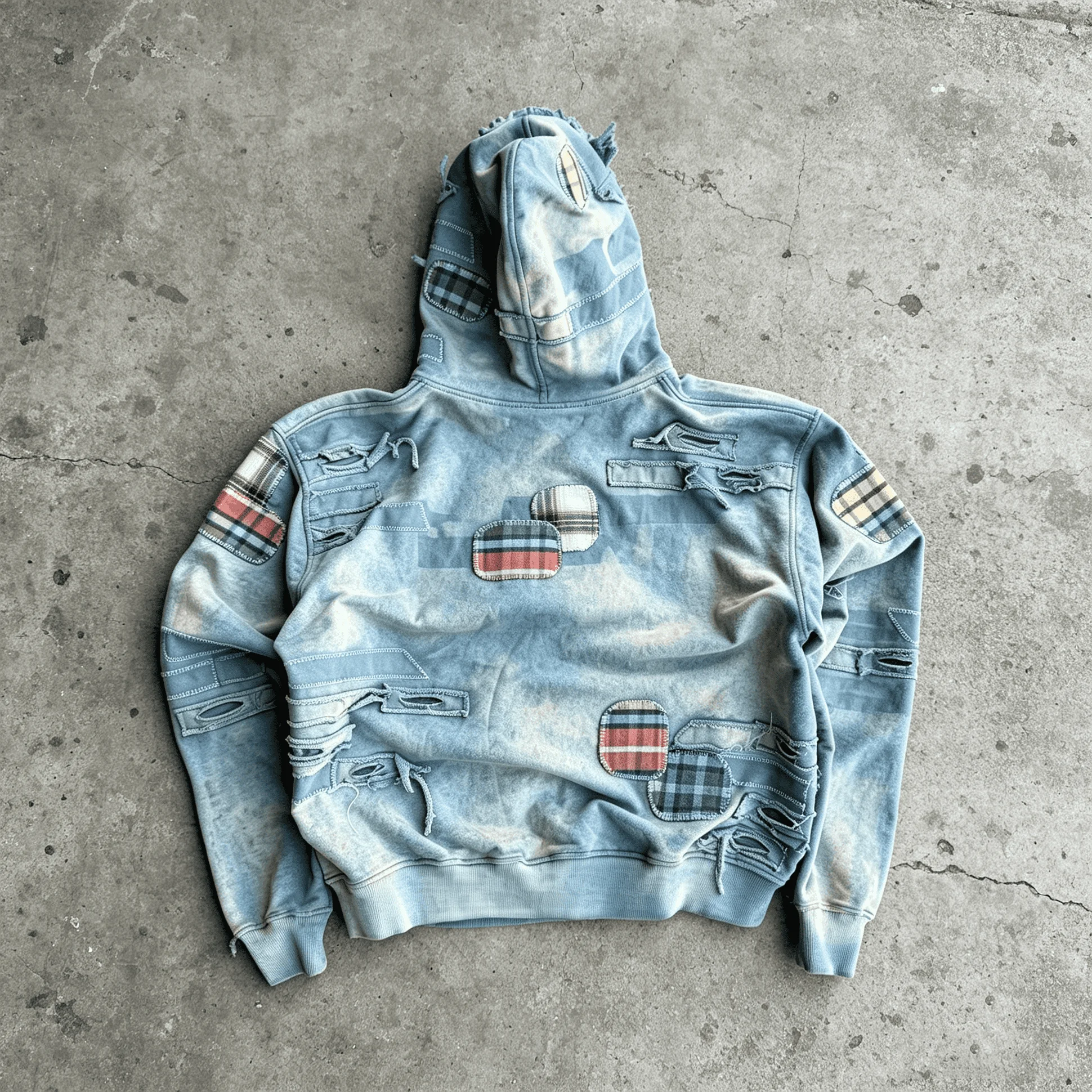 Custom Deconstructed Ripped Patchwork Plaid Distressed Washed Heavyweight Pullover Hoodie Men gallery 2