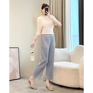 Miyake Women's Summer Slim Cropped Pants High-End Pleated Mid-Waist Flat Casual All-Match Drape Black Color Fashionable Look