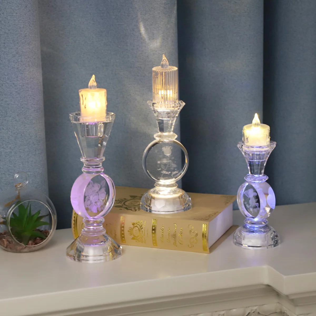 Wholesale table center pieces decor 3d laser engraved taper crystal led candlestick candle sticks holder holders set decorative