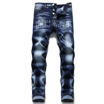 Men's Loose Fit Stretch Laser Burn Jeans Woven and Knitted Weaving Method with Broken Patch and Washed Technics
