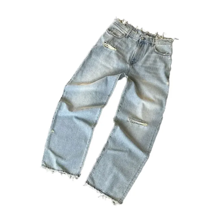 Custom Logo Embroidered  Straight Distressed Jeans Streetwear Ripped Baggy Jeans Y2k Vintage Raw Edge Wide Leg Denim Jeans Men