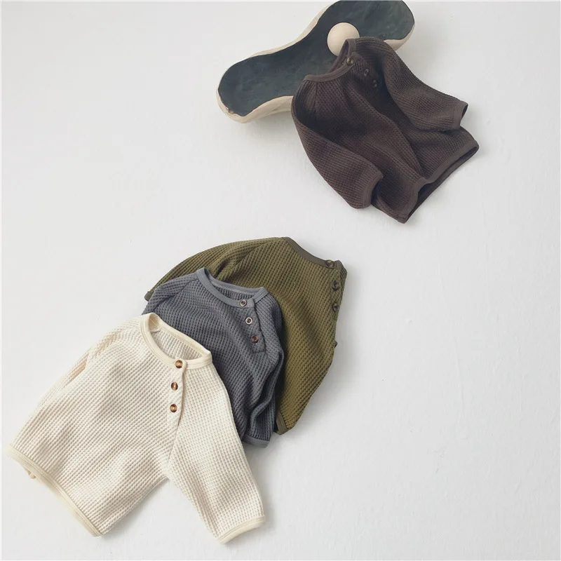 Spring and Autumn New Infant Baby Simple Waffle Loose Pullover Long Sleeve Top Sweater