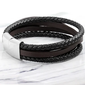 Tizti Mens Charms Double-Layer Men's Brown Black Leather Stainless Steel Magnetic Bracelet