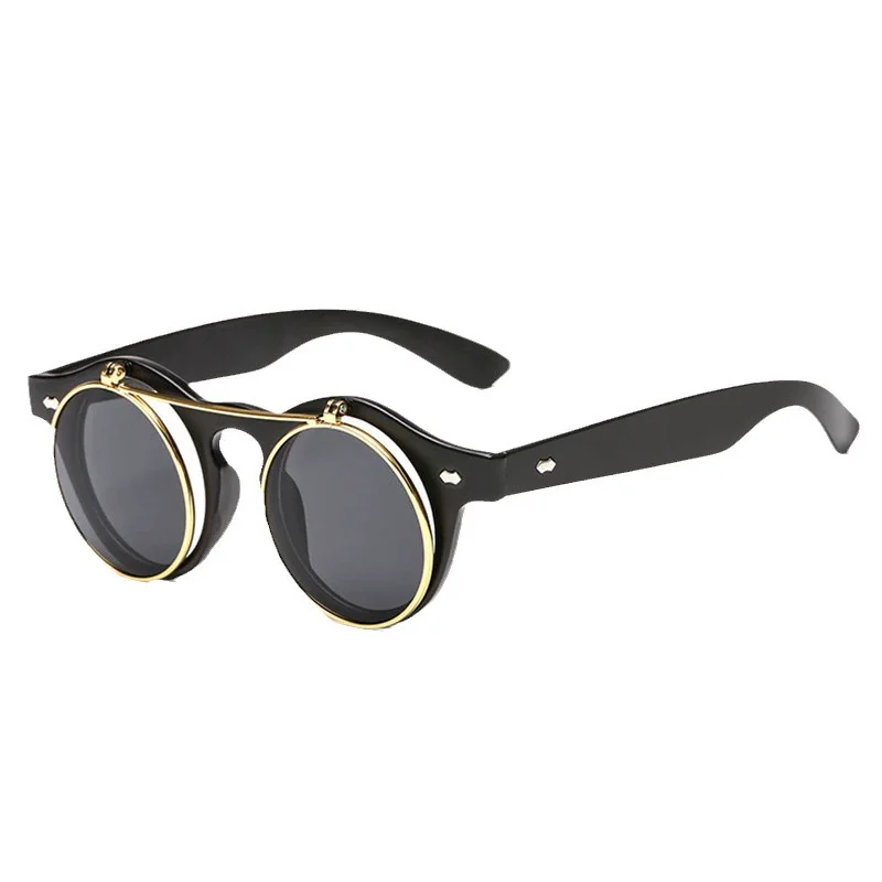 Dubery Women Men Retro Steampunk Sunglasses Double Round Gold Frame Hollow  Printed Flip-Up Lens for Driving Flip-Up Style Gafas