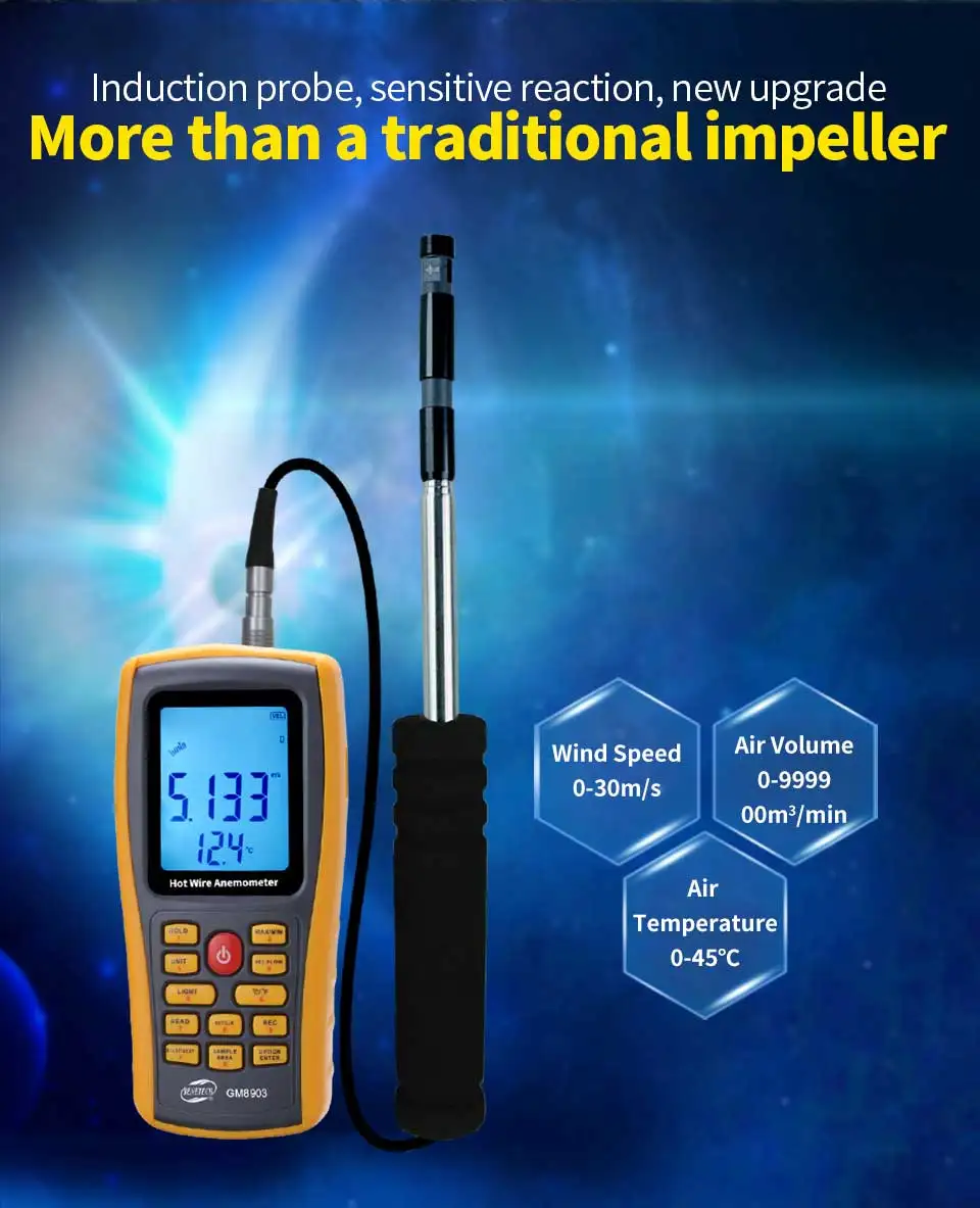 Gm8903 Hot Wire Anemometer 0.030.0m/s Wind Speed/temperature