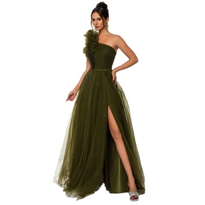 Chic Asymmetrical Shoulder A-Line Night Gown Empire Waist Ruffle Decoration Floor Length Slit Chiffon Solid Ruched Detail
