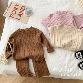 Children Clothes Cable Knited Sweater 0-6 Years Old Spring Baby Girls Clothing Set Solid Color Baby Suit