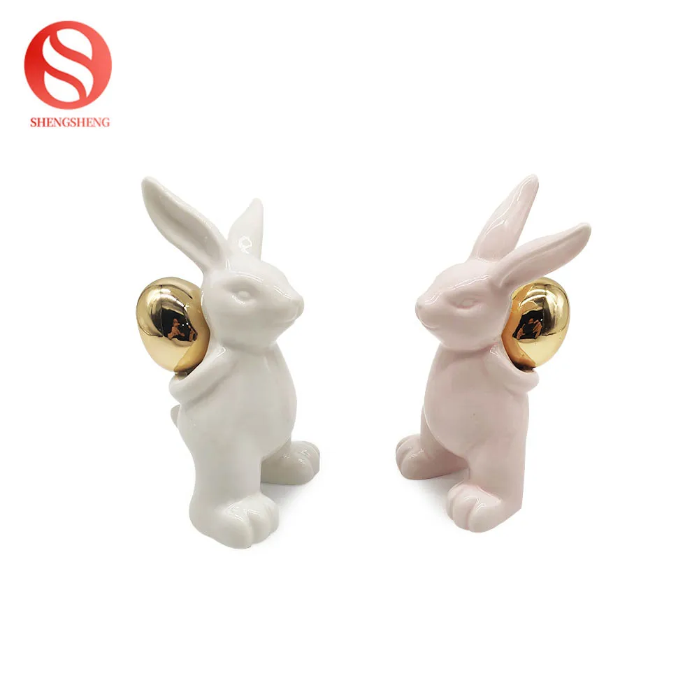 Creative Personalized Easter Plush Bunny Hug Golden Egg White Ceramic Rabbit Set