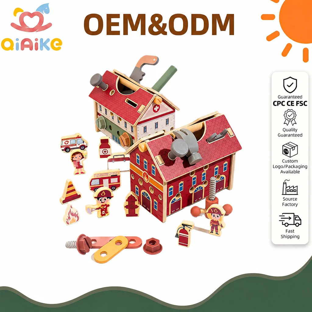 Perlengkapan Alat Kayu Montessori Khusus Anak-Anak, Papan Sibuk dengan Tema Stasiun Pemadam Kebakaran, Rumah Sakit, dan Rumah; Balok Bangunan untuk Merakit serta Mainan Peran serta Hadiah