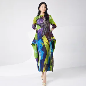 Miyake Women's Beach Resort Style Dress Bohemian Ruffled Loose Slim Large Printed New Casual Plus Size for Summer