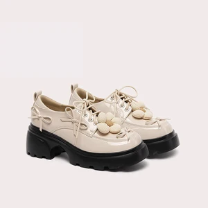 Elegant British & Korean Style Women's Light Single Leather Shoe Lace-Up Loafers with Cute Bow Design for School