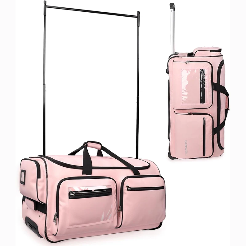 Free Sample Custom Zipper Pocket for Dance Costume Wedding Gown pink Dance Bags with Garment Rack Luggage Travel Bags