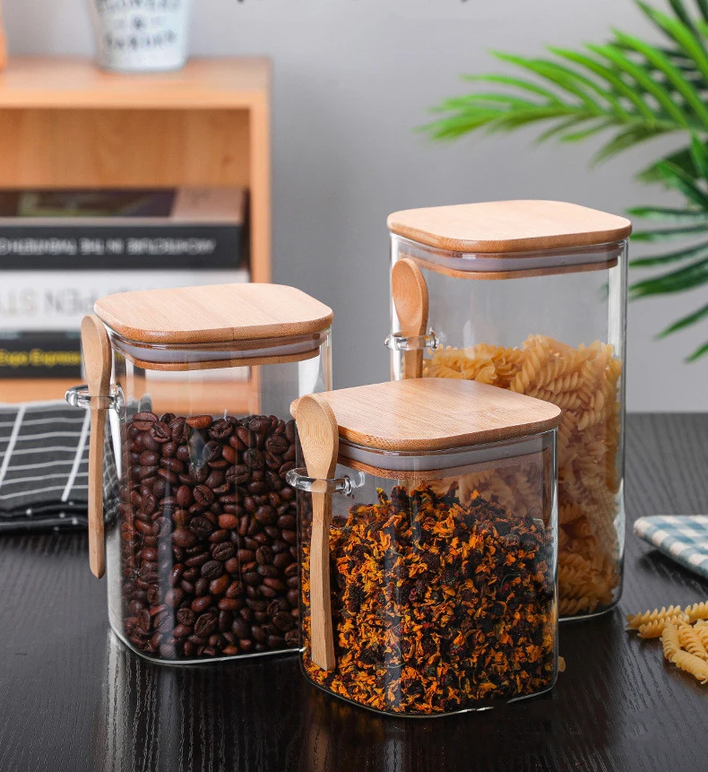 Wholesale 2000ml Square Clear Airtight Jar With Lid And Spoon Kitchen Storage Bottles Food