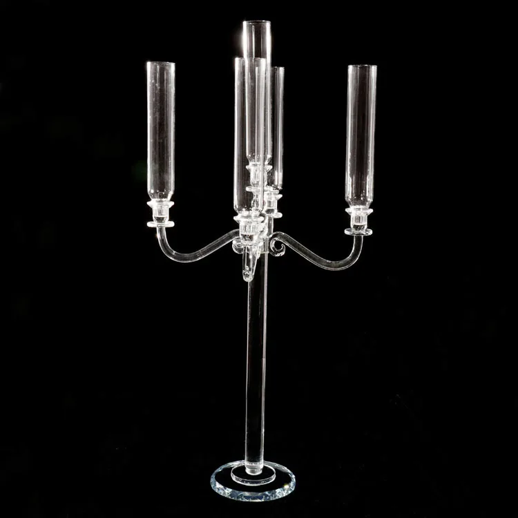 5 Arms Clear Glass Candle Holders Clear Crystal Glass Wedding Candelabra With Tube For Wedding