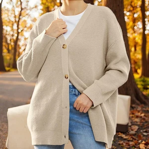 Women's Solid Cardigan Sweater Coat 2023 Autumn Loose Casual Knitted Jacket Regular Sleeves V-neck  Breathable
