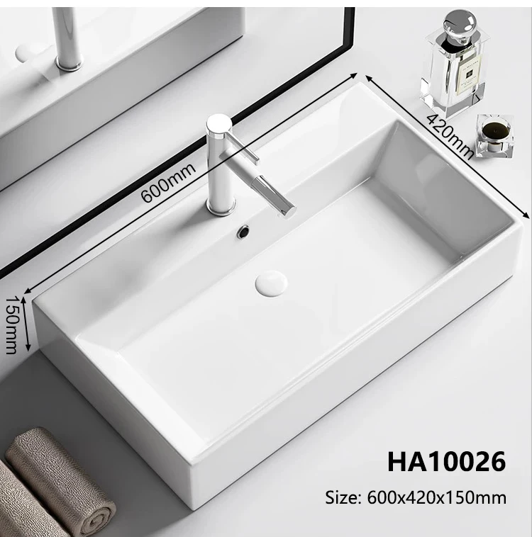 Faucet Hole Rectangular Countertop Bathroom Sink Big Size Modern Above Counter White Porcelain Ceramic Vanity Art Basin Lavabo