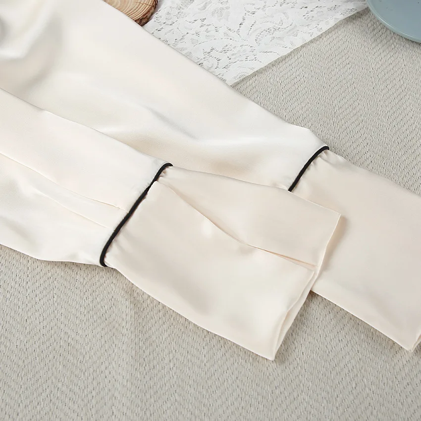 Womens Satin Pajama Set Soft Polyester Long Sleeve Wrap Pants Two Piece Loungewear — detail