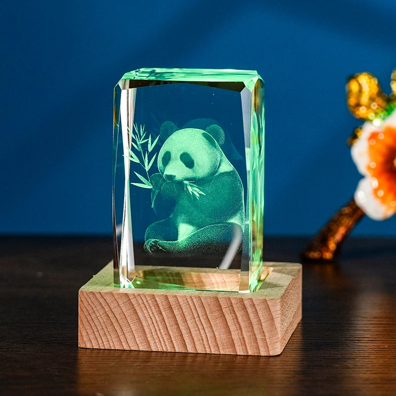 3D Laser Panda Souvenir Factory Wholesale Custom 3D Engraving Design Crystal Cubes With Wood LED Base factory