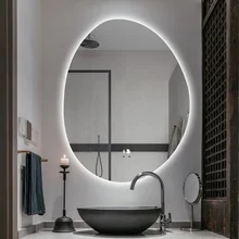 Irregular  LED Lighted Touch Screen Smart Mirror Bathroom Vanity Wall Mounted Frameless Oval Shaped Backlit Lighted Mirror