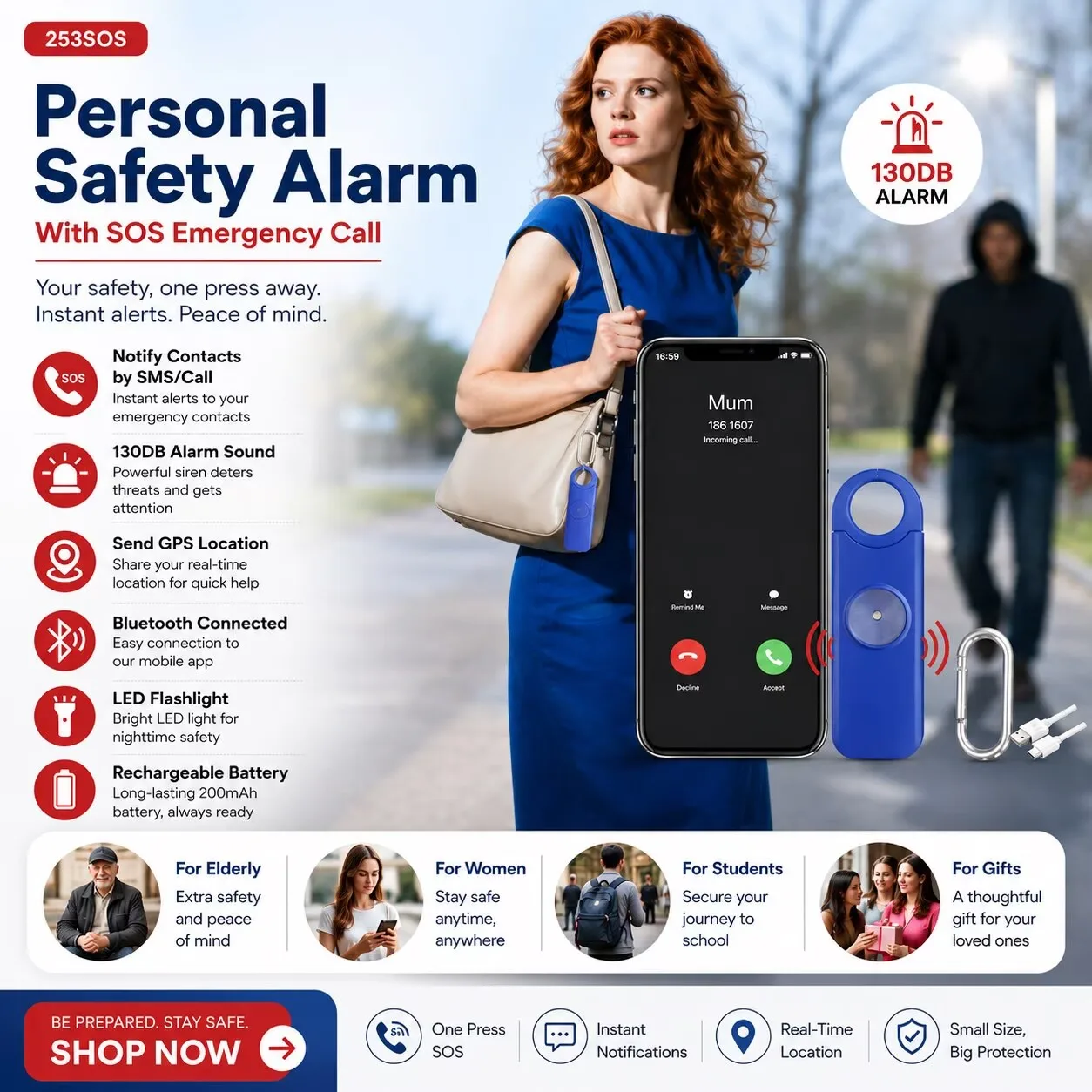 130dB SOS Call and GPS Location SMS Personal Safety Alarm with Strobe Light Rechargeable Self Defense Keychain for Women manufacture