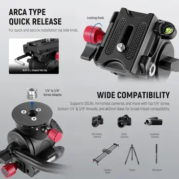 NEEWER Fluid Tripod Head with Handle & Arca Type Quick Release, Aluminum Alloy Panorama Drag Pan Tilt Head with 43mm Scaled detail image