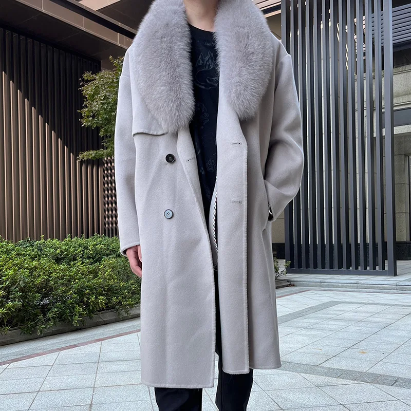 Winter Long Wool Trench Coat Fashion Detachable Fox Fur Collar Cashmere Coat For Men