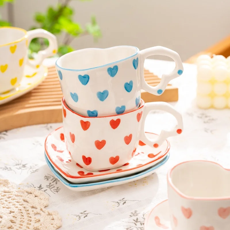 Creative Heart Shaped Mug Hand Painted love Heart Ceramic Coffee Cup and Saucer Valentines Day Gift Mugs