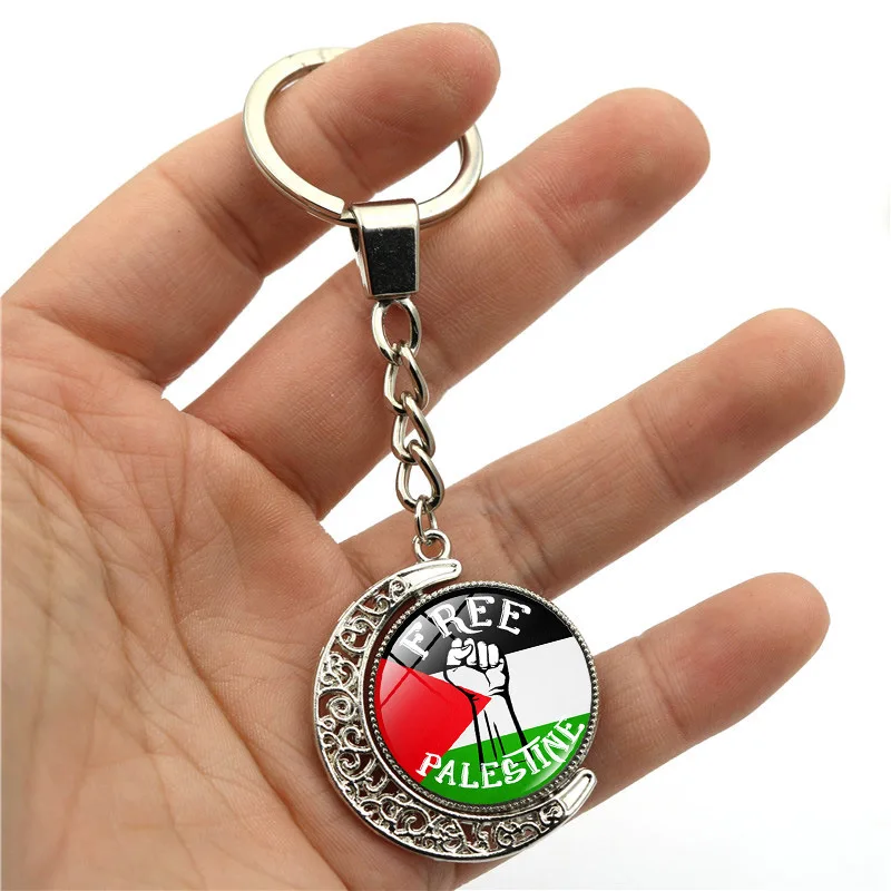 Metal Palestinian Flag Keychain Double Sided Crystal Glass Key Chain Rotating Moon Pendant Palstine Promotion Gift