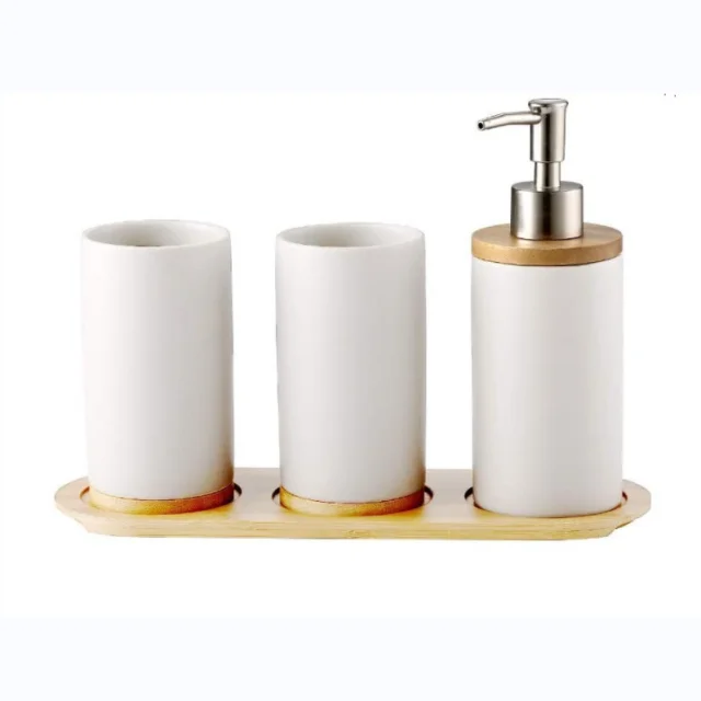 Modern Style Household 6 Pieces Bamboo Lid Plastic Bathroom Sets Luxury