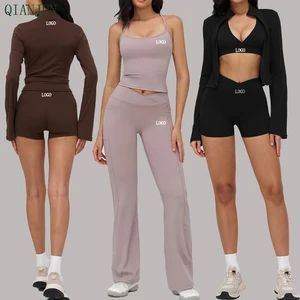 Custom Seamless Sportswear Set Solid Pattern Sport Bra Jacket Long Sleeves Pants-3 Piece Gym Fitness Yoga Activewear Suit