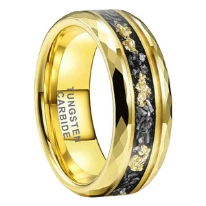 Coolstyle Jewelry 8mm Mens Womens  Engagement Wedding Band Meteorite Gold Foil Inlay Faceted Gold Tungsten Carbide Rings
