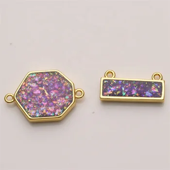 Rectangle Gold Plated Purple Blue Opal Connector Charms Gemstone Jewelry With Gold Plated
